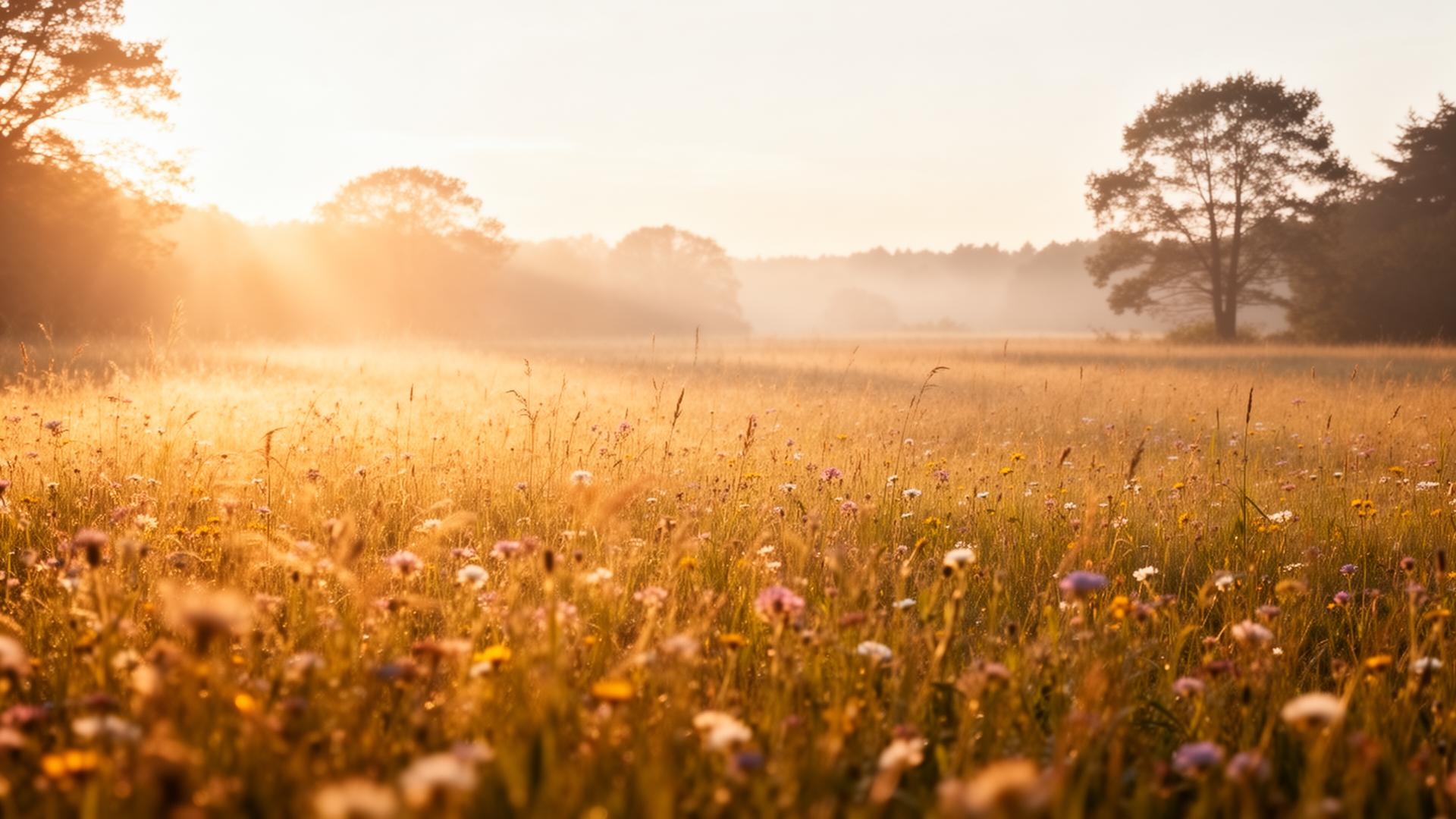 Sunlit meadow with wildflowers at golden hour